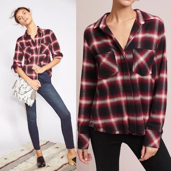 Anthropologie Cloth Stone Split Back Plaid Shirt Size Medium Flannel Bohemian‎ M - Picture 11 of 13
